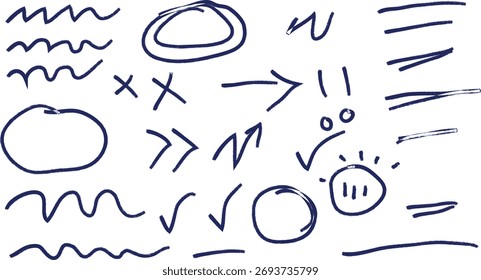 Collection of hand drawn dark blue brush stroke doodles