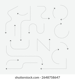 Coleção mão desenhado dash setas. Conjunto de setas curvas simples isoladas sobre fundo branco. Coleção de ponteiros
