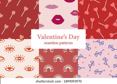 Colección con patrones de San Valentín dibujados a mano. Antecedentes vintage para el Día de San Valentín y las vacaciones. Patrón vectorial festivo con símbolos amorosos y románticos para tela y papel envolvente