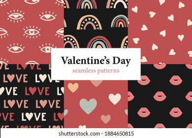Collection with hand drawn Valentine’s Day seamless patterns. Vintage background for Valentine’s Day and holidays. Festive vector pattern with love and romance symbols for fabric and wrapping paper