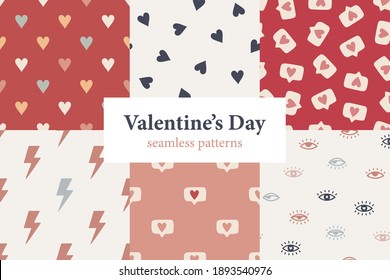 Collection with hand drawn Valentine’s Day seamless patterns. Vintage background for Valentine’s Day and holidays. Festive vector pattern with love and romance symbols for fabric and wrapping paper