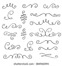 Collection of hand drawn decorative curls. Unique design elements for greeting card, invitation, save the date card, wedding card.
