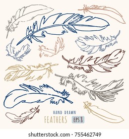 Collection of hand drawn decorative feathers. Ink illustration. Modern vector art. Hand drawing design element. Sketched feathers