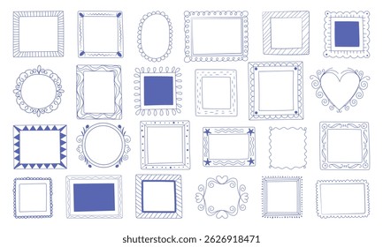 Collection of hand drawn decorative frames in blue color. Doodle sketch borders in various shapes and styles for design, template, scrapbook, packaging, or greeting card.