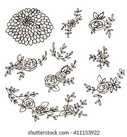 A collection of hand drawn delicate decorative vintage leaves in black and white. Vector illustration. Set doodle the leaves and the flowers.