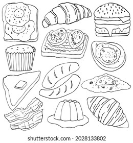 Collection of hand drawn delicious breakfast set menu. Vector illustration in doodle art style on white background
