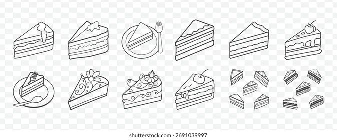 Collection of hand drawn delicious cake slices and toppings line art set