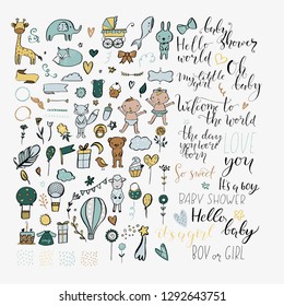 Collection of hand drawn design elements, cute characters, vector patterns, lettering for creating baby shower design. Vector illustration.