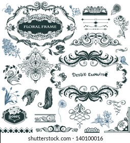 Collection of hand drawn design elements and flowers