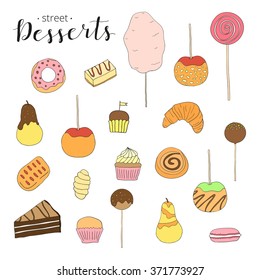 Collection of hand drawn desserts. Cotton candy, caramel apple, pear, glazed donut, croissant, cupcake, cake, muffin, pie, macaron, bun, lollipop.