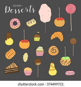 Collection of hand drawn desserts. Cotton candy, caramel apple, pear, glazed donut, croissant, cupcake, cake, muffin, pie, macaron, bun, lollipop.