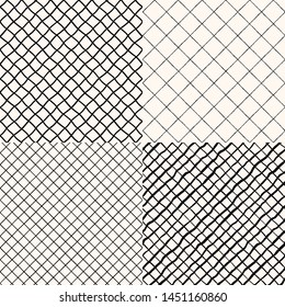Collection of hand drawn diagonal square, check, plaid vintage seamless patterns. Brush, chalk, crayon grating, lattice backgrounds set. Uneven, deformed, rough crossing doodle stripes retro textures.