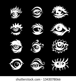 Collection of Hand Drawn Different Eyes Icons. Monochrome Drawing Elements Isolated on Black