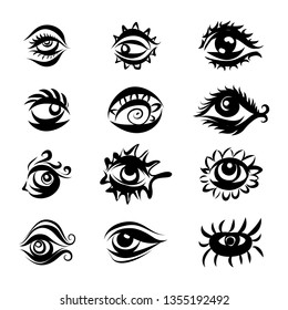 Collection of Hand Drawn Different Eyes Icons. Monochrome Drawing Elements Isolated on White Background