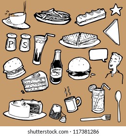 A collection of hand drawn and digitized illustrations of food items that are commonly found in a cafeteria menu.