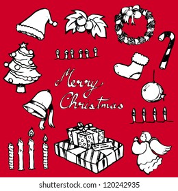 A collection of hand drawn and digitized illustrations of Christmas decoration, commonly found in various countries around this season.