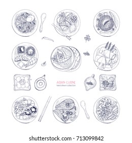 Collection of hand drawn dishes of Asian cuisine isolated on white background. Delicious meals and snacks, traditional food of Asia - ramen noodles, dumplings, sushi. Vector detailed illustration.