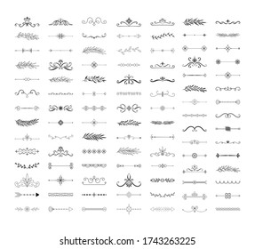 Collection of hand drawn dividers, borders, frames, lines. Monogram wedding design. Vector isolated illustration.