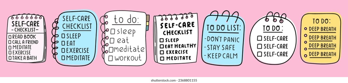 Collection of hand drawn to do lists. Self care. Vector hand drawn illustrations. Graphic design on pink background.