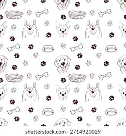 Collection of hand drawn dog faces, paws and pet accessories in simple sketch line style. Playful animal themed illustration with repeating elements.