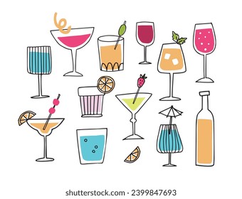 Collection of hand drawn doodle alcoholic drinks, cocktails with orange peel slices, umbrella and cherries. Happy New Year celebration, birthday party concept. Isolated vector icons, line illustration