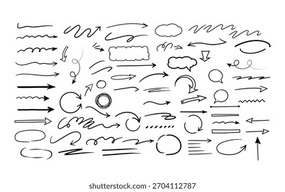 Coleção de setas de doodle desenhadas à mão círculos de bolhas de fala e linhas de rabisco para elementos de design