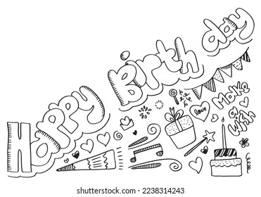 collection of hand drawn doodle cartoon objects and symbols on birthday party for banners and invitation cards.