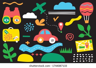 Collection of hand drawn doodle, colorful symbol of travel. Red vintage car rides. The plane and balloon are flying. Travel concept. Bright flat vector illustration isolated on black background