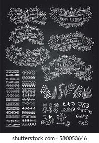 Collection of Hand Drawn Doodle Design Elements. Sketched Rustic Decorative Banners, Ribbons with Floral Swirls and Branches. Vintage Outlined Vector Illustration.