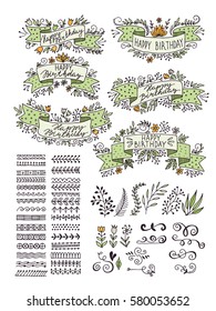 Collection of Hand Drawn Doodle Design Elements. Sketched Rustic Decorative Banners, Ribbons with Floral Swirls and Branches. Vintage Outlined Vector Illustration.