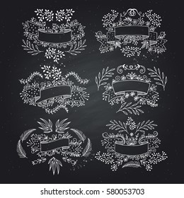 Collection of Hand Drawn Doodle Design Elements. Sketched Rustic Decorative Banners, Ribbons with Floral Swirls and Branches. Vintage Outlined Vector Illustration.