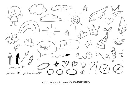 Collection of hand drawn doodle drawings in childish style. Doodle arrows, clouds, hearts, stars, crown and shapes. Vector illustration