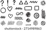 A collection of hand drawn doodle elements featuring question marks, exclamation points, triangles, hearts, circles, rectangles, zigzags, waves, infinity symbols, scribbles, and dots.