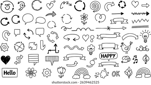 Collection of hand drawn doodle elements arrows hearts ribbons speech bubbles and other decorative graphic designs