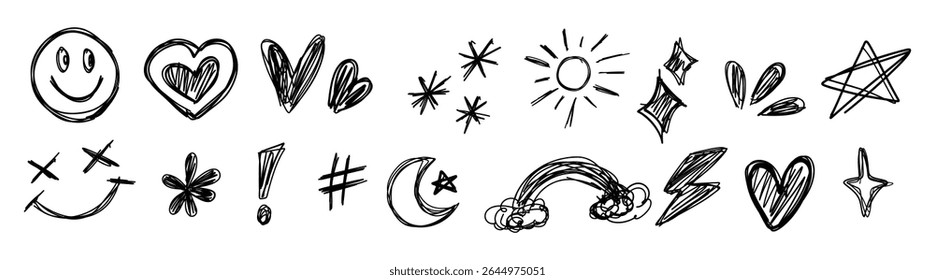 Collection of hand drawn doodle elements including smiles hearts stars and other miscellaneous shapes