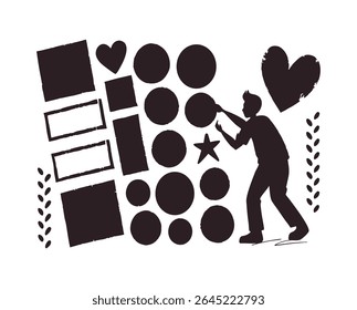 A collection of hand drawn doodle elements including hearts stars circles and squares with a silhouette of a person isolated on white.