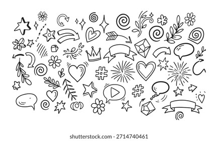 Collection of hand drawn doodle elements with hearts, stars, arrows, and speech bubbles. Doodle icons set