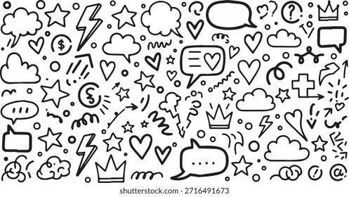 Eine Sammlung handgezeichneter Doodle-Elemente, die verschiedene Formen wie Sprechblasen, Herzen, Sterne, Wolken, Kronen, Blitzbolzen und Pfeile enthalten und ein spielerisches und ausdrucksstarkes Muster erzeugen.
