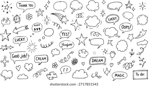 Uma coleção de elementos de doodle desenhados à mão, incluindo várias bolhas de fala com texto, estrelas, setas e outros elementos decorativos, perfeito para projetos de design.