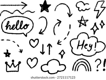 Collection hand drawn doodle elements. Set simple arrows, hearts, stars, rainbow and speech bubbles isolated on white background.​