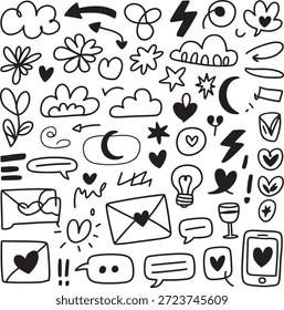 Colección de Elementos de doodle dibujados a mano sobre fondo blanco, con varios símbolos e íconos, adecuados para proyectos de diseño creativo, redes sociales y arte gráfico, transmitiendo emociones y mejorando el atractivo visual.
