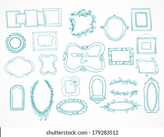 Collection of hand drawn doodle frames and design elements for decoration with place for text isolated vector illustration