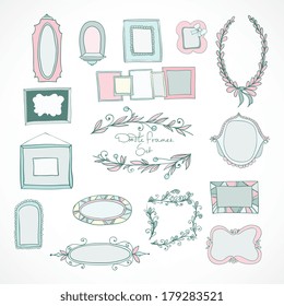 Collection of hand drawn doodle frames and design elements for wedding decoration isolated vector illustration