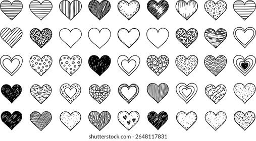 Collection of hand drawn doodle hearts in various styles suitable for valentine's day design elements