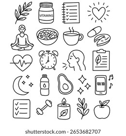 Collection of hand drawn doodle icons related to wellness, self care, health and daily routine for planner or journal design
