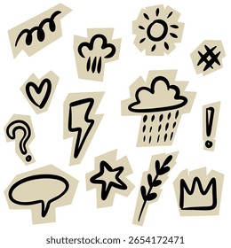 Collection of hand drawn doodle icons including weather symbols, punctuation marks, and playful shapes. Each black ink sketch is placed on a rough beige sticker background.