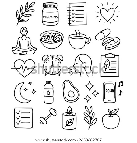 Collection of hand drawn doodle icons related to wellness, self care, health and daily routine for planner or journal design