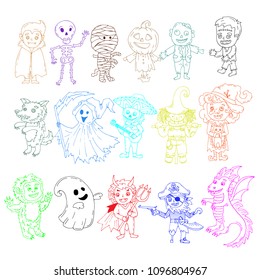Collection of hand  drawn doodle illustrations. Halloween theme characters