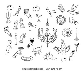 Collection of hand drawn doodle illustrations - hands, glasses, animals, candles, decorative objects. Handmade vector drawings. Isolated on white background.