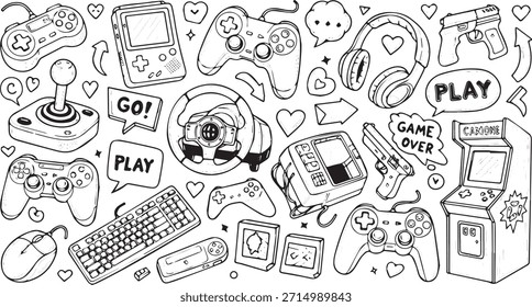 Una colección Video de ilustraciones de doodle dibujadas a mano con varios controladores de juego, joysticks, auriculares, teclados, ratones y máquinas recreativas, perfectas para temas de juegos.